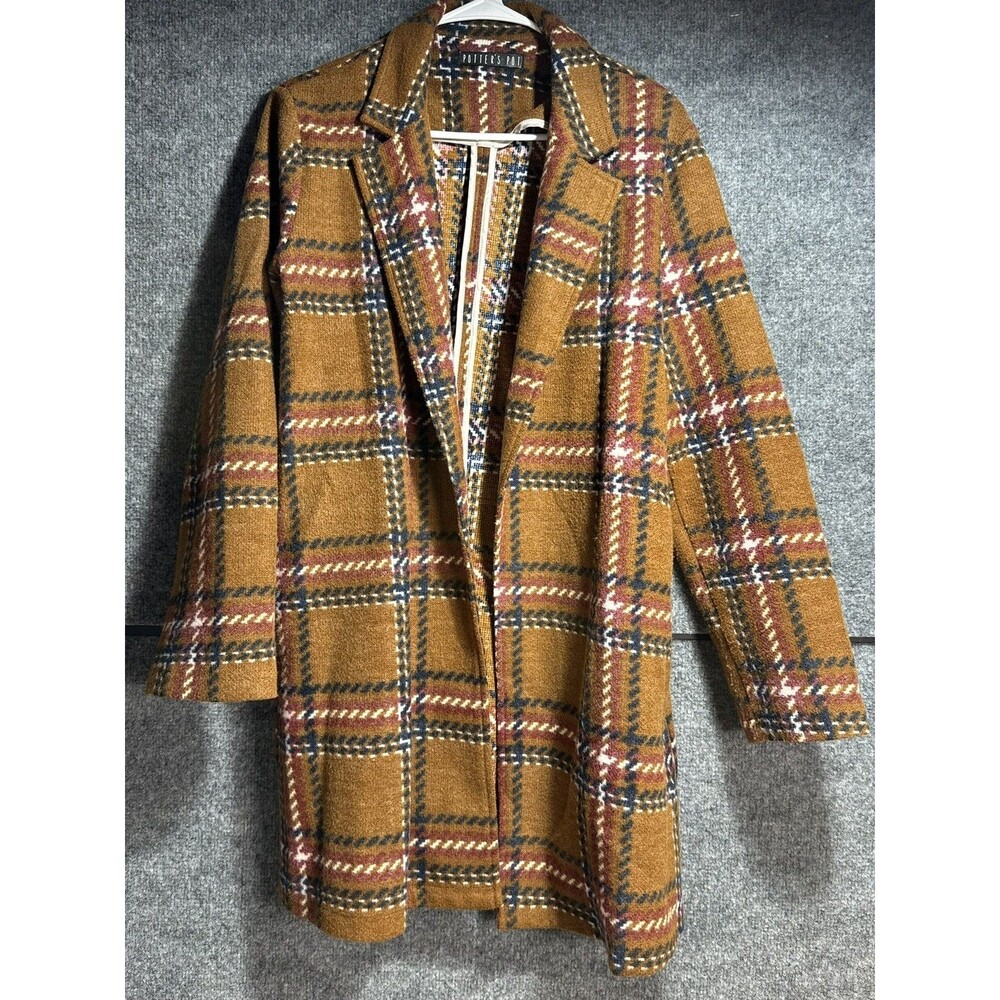 Potter's Pot Medium Plaid Open Front Jacket Brown Oversized Shacket Fall Coat